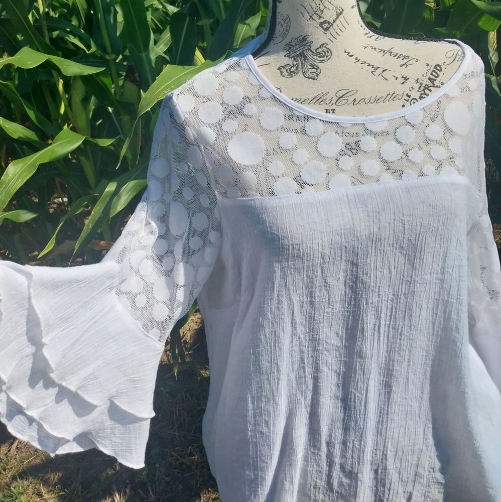 UNIQUE SPECTRUM WHITE LIGHTWEIGHT SHEER POLKA DOT FRONT & SLEEVES/ XL